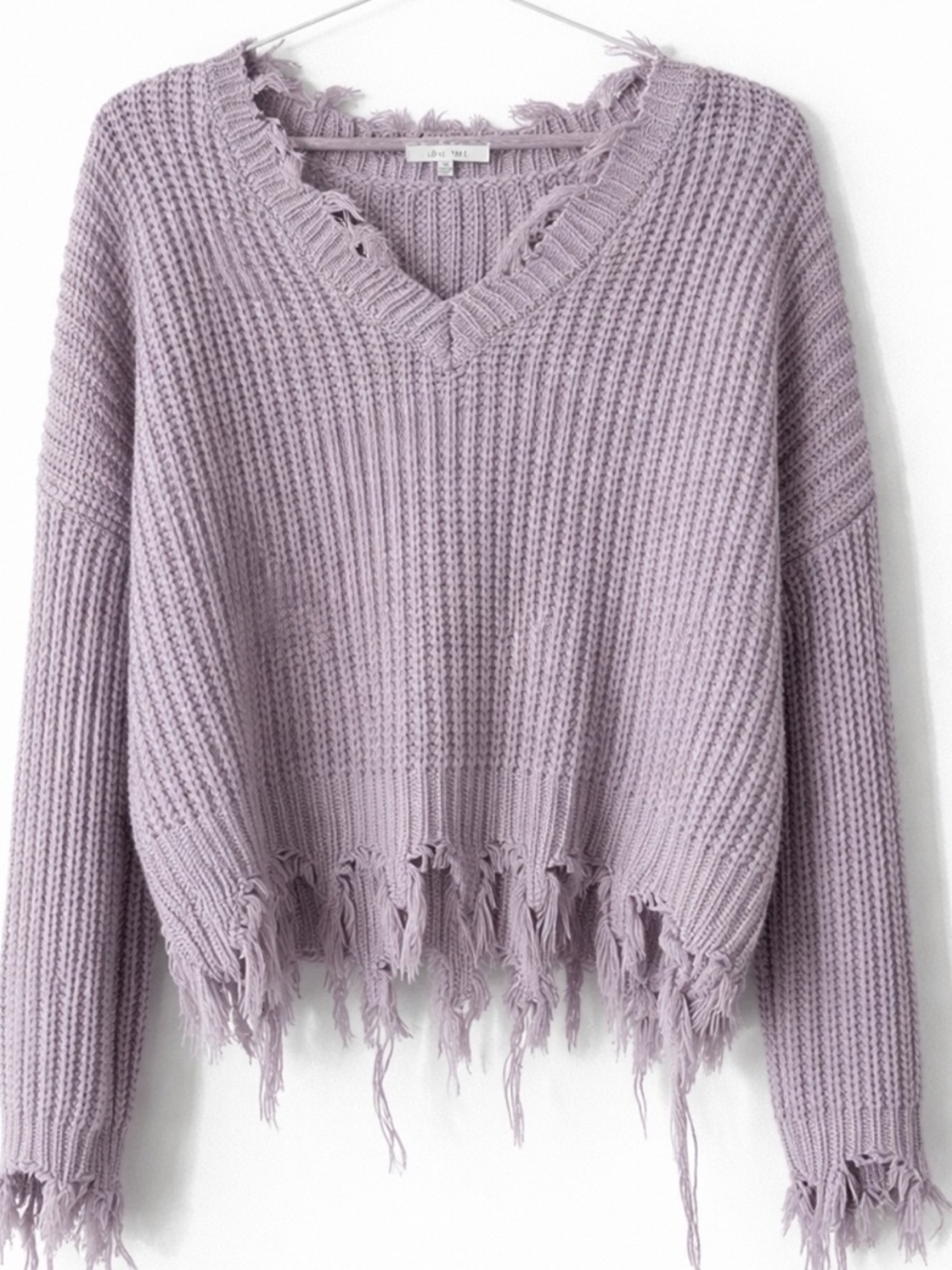 Love Tree Lavender Distressed V-Neck Chunky Sweater